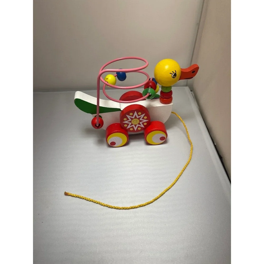 Wooden Duck Pull‎ Toy Kids Multicolor Wood Bead Maze Roller Coaster Classic Boho
